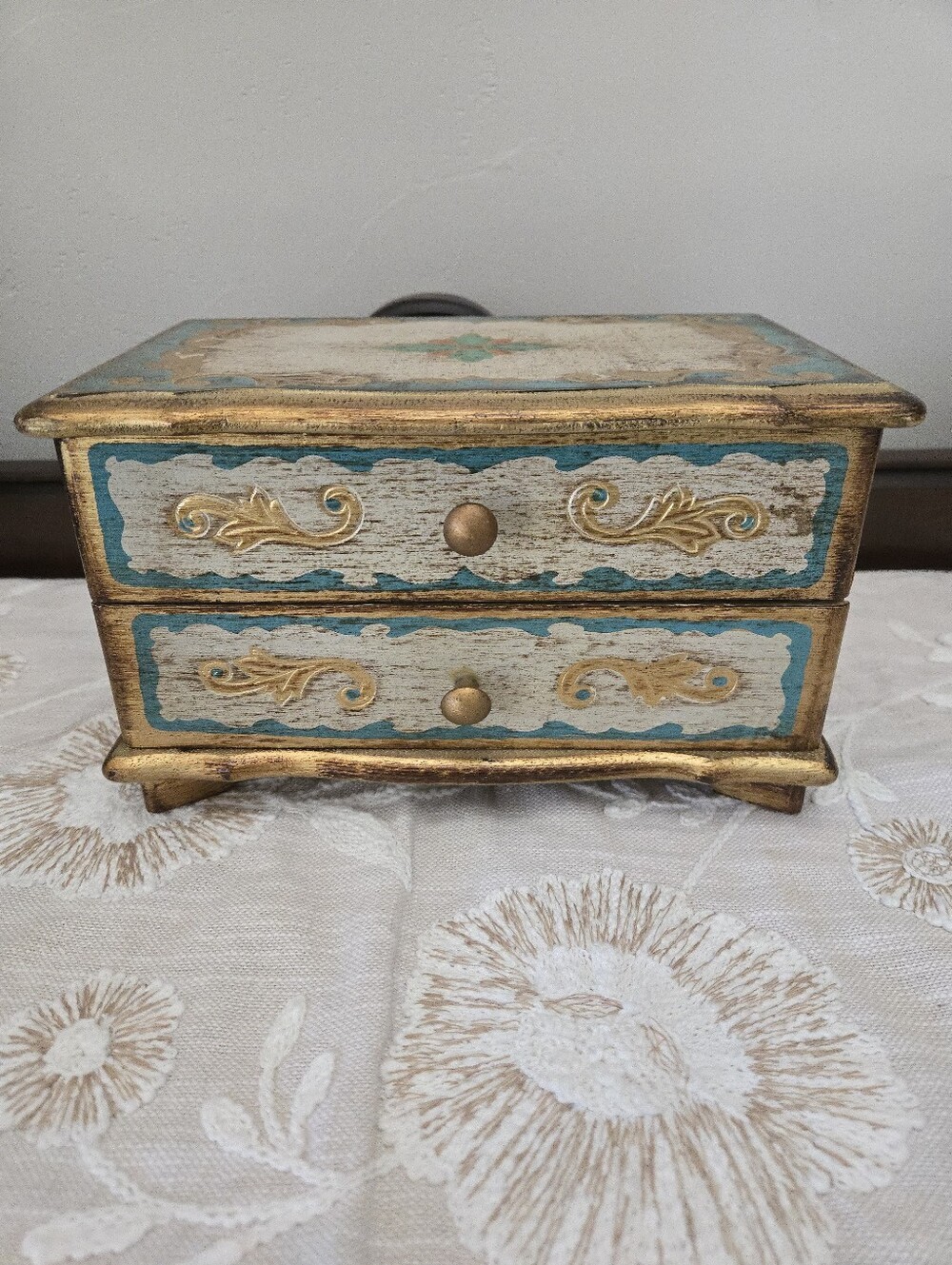 Vintage Hand-Painted Turquoise and Gold Decorative Two-Drawer Jewelry Music Box